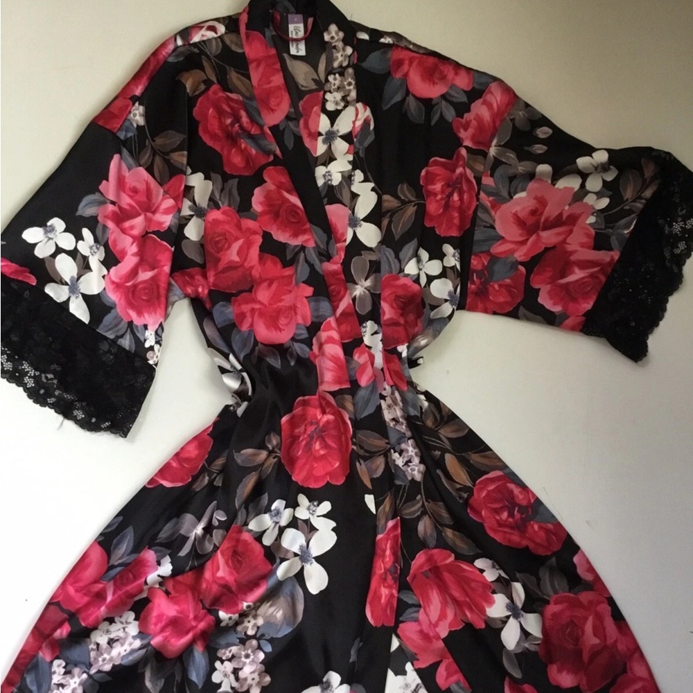 Lilac London Floral Wrap Satin Peignoir Robe Coverup Black Lace Whimsigoth